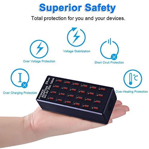 [Australia - AusPower] - 24-Port 100W (20 A) USB Charging Station, Home-Sized Desktop USB Fast Charger, Multiple USB Desktop Chargers for Hotels, Schools, Shops, Shopping malls and Travel 