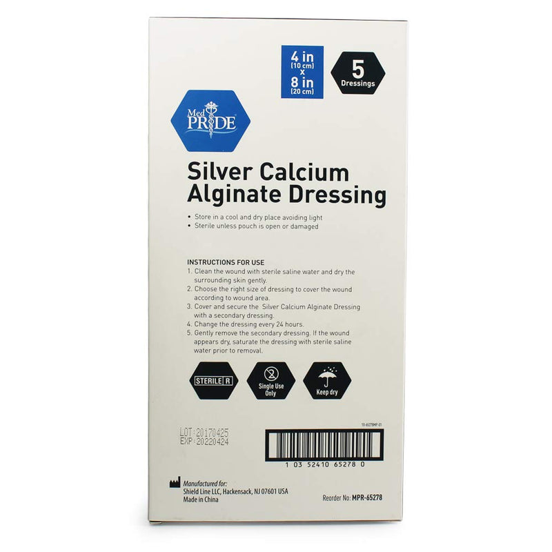 [Australia - AusPower] - Medpride Silver Calcium Alginate Wound Dressing Pads| 4” x 8” Patches, 5-Pack| Antimicrobial, Non-Stick Padding, Sterile, Highly Absorbent & Comfortable| 4'' x 8'' 