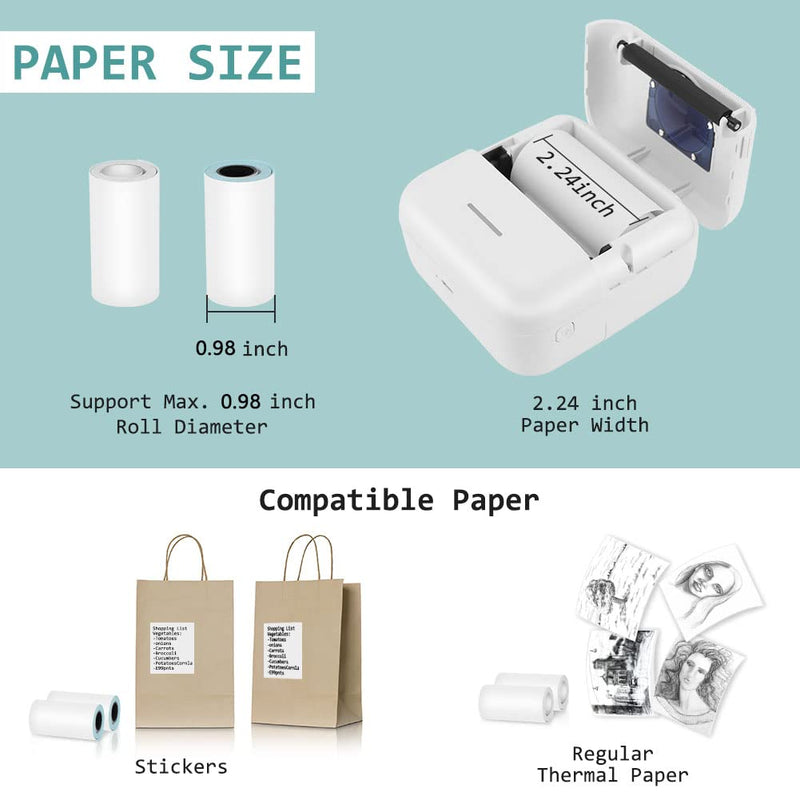 [Australia - AusPower] - Wjiang Pocket Printer Portable Printer Mini Bluetooth Thermal Printer USB Rechargeable Wireless Inkless Mobile Printer for Android & iOS Phone Photo Printer for Note, Memo, with 1 Roll Thermal Paper 