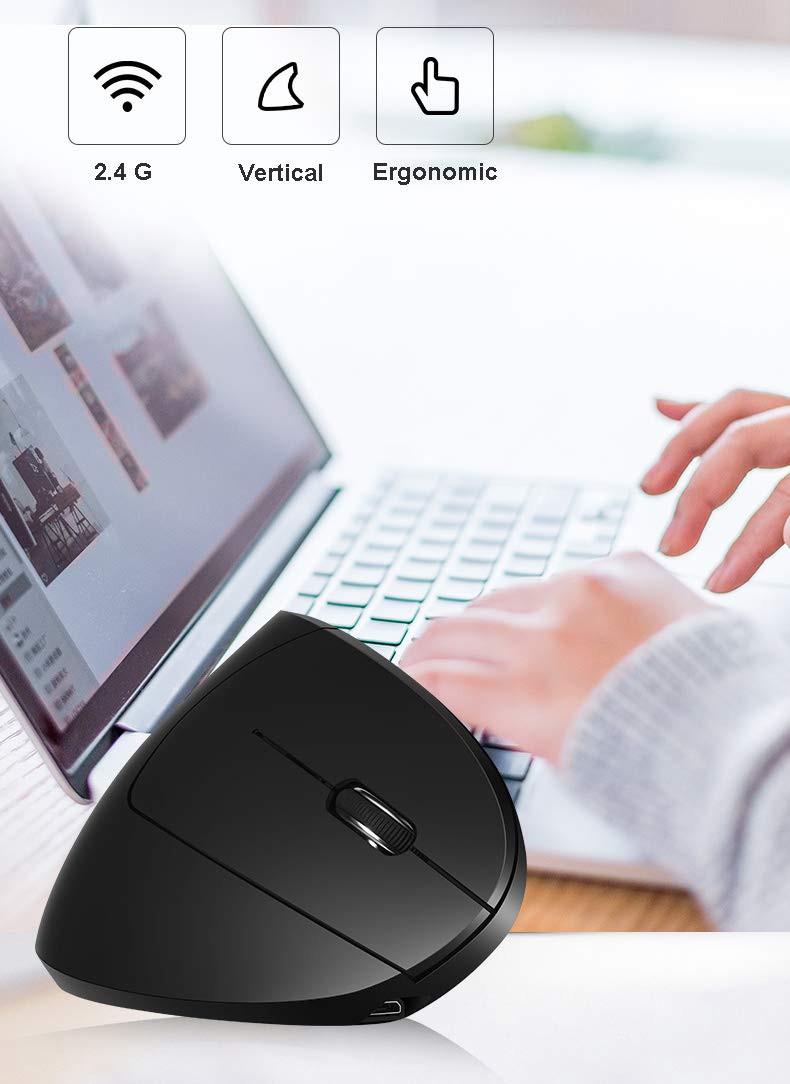 [Australia - AusPower] - Vertical Mouse, Right Handed 2.4GHz Wireless Ergonomic Rechargeable Vertical Mouse with 4 Adjustable DPI 800/1200/1600/2400, 6 Buttons,Compatible with PC, Desktop,Mac (Black)… Black 