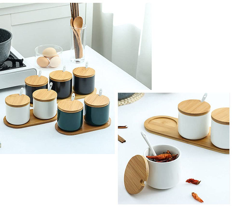 [Australia - AusPower] - RockTrend Simple Pure Color Ceramic Spice Jar Seasoning Box Condiment Pot Sugar Bowl with Bamboo Lid and Spoon Black 