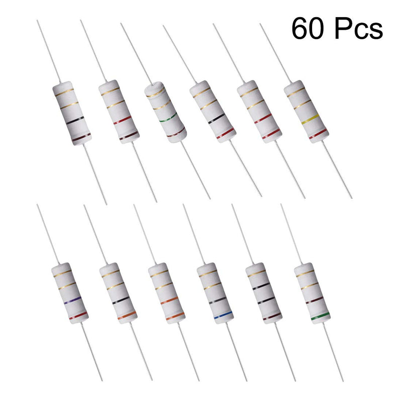 [Australia - AusPower] - uxcell 60 Pcs 5W Metal Oxide Film Resistor 1R,1.2R,1.5R,2R,2.2R,2.4R,2.7R,3R,3.3R,5.1R,6.8R,10R Ohm 