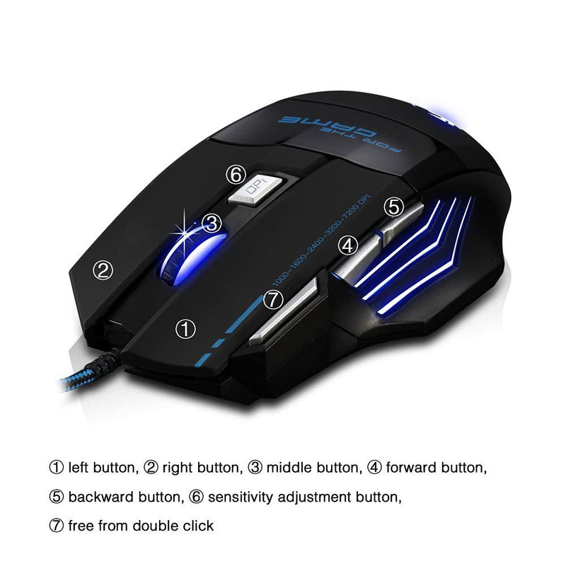 [Australia - AusPower] - AFUNTA Zelotes Ergonomic 7200 DPI LED Optical Wired Gaming Mouse Mice 7 Buttons Compatible Mac Pro Gamer PC Laptop Desktop Notebook-Black Black(T80) 