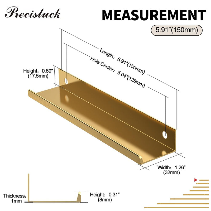 [Australia - AusPower] - Precisluck 5 Pack Edge Gold Hidden Drawer Door Cabinet Handle Aluminum Alloy Finger Bar Pull Concealed Furniture Hardware Back Mount Dresser Handles for Kitchen Bathroom 150mm(5.9 Inch) 150mm(5.9 inch) 