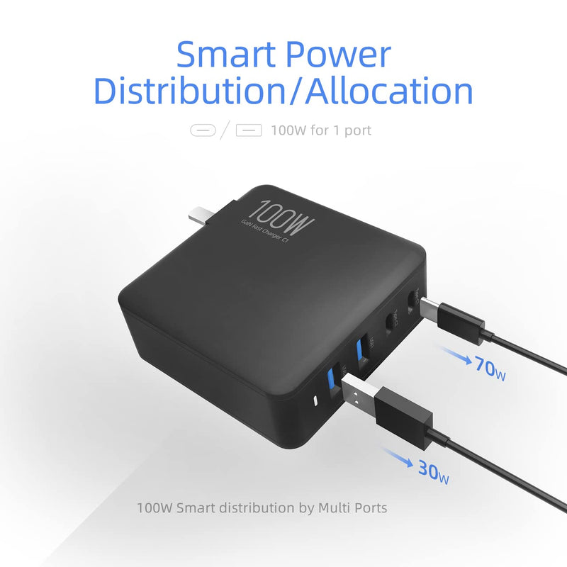 [Australia - AusPower] - TUNNU 100W USB C Wall Charger - GaN PD Fast Charging Block Type C Multiport Power Adapter - 4 Ports for USB C Laptop Smartphone - Compatible with MacBook Pro Air iPhone 12/13 Pro Max iPad Pro Samsung Black 