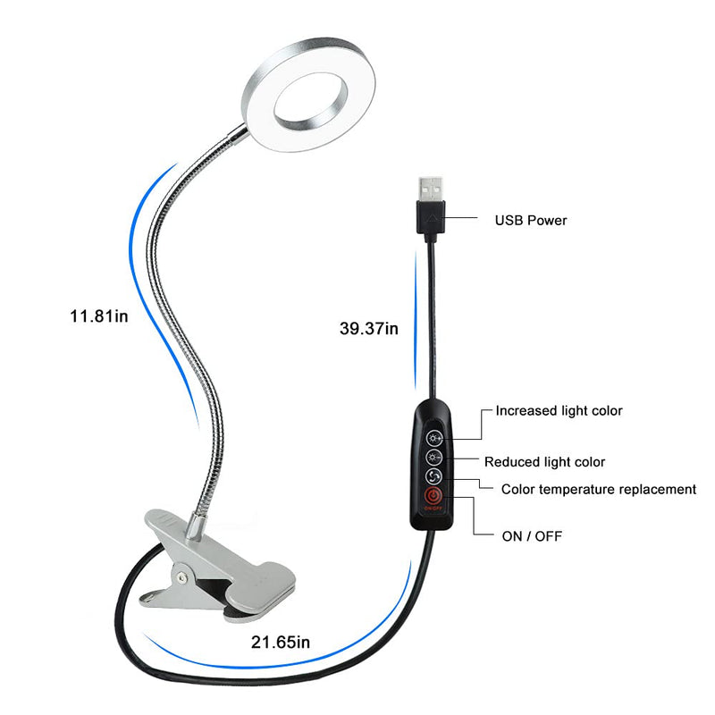 [Australia - AusPower] - DLLT Dimmable Clip on Reading Light, 48 LED USB Bed Night Lights with 3 Colors, 15 Brightness Level Book Light Flexible Clamp for Makeup Mirror, Desk, Bedside, Headboard, Piano, Computer Light(Silver) Silver 
