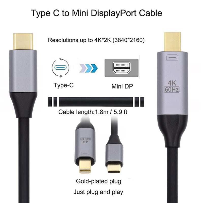 [Australia - AusPower] - chenyang CY USB C to Mini Displayport Adapter 4K for Monitor Laptop Mini Displayport to USB C Cable USB C to Mini DP Male 