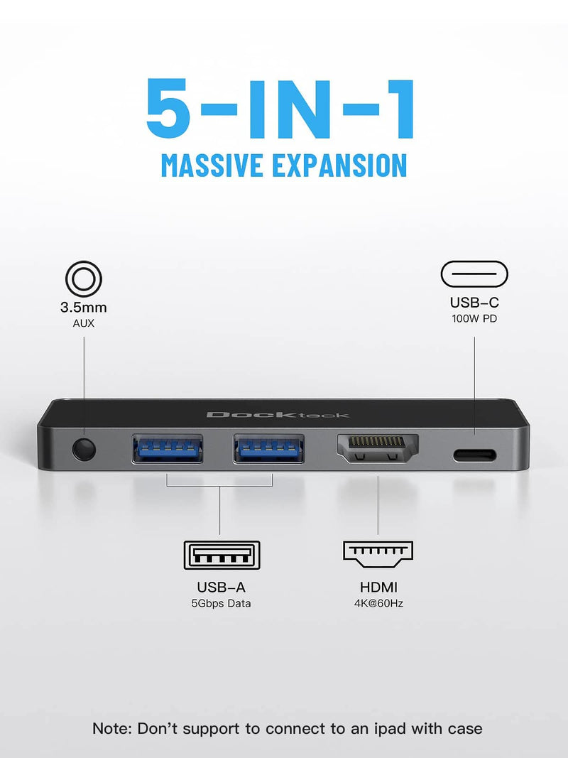 [Australia - AusPower] - iPad USB C Hub Adapter, Dockteck 5 in 1 Dongle with 4K@60Hz HDMI, Type C to 3.5mm Audio Headphone Jack, 100W PD and 2 USB 3.0, for iPad Pro 2021 2020 M1/12.9/11, iPad Air 5/4, iPad Mini 6 Accessories 