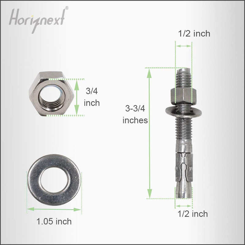 [Australia - AusPower] - Horiznext 1/2"x 3-3/4" inch Stainless Steel Standard Strong Wedge Anchor, Fasteners for Concrete (4 pcs) 1/2"x 3-3/4" 