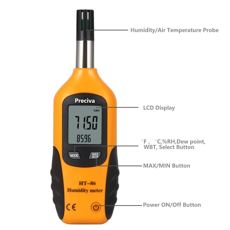 [Australia - AusPower] - Preciva Digital Psychrometer Thermo-Hygrometer, LCD Mini Temperature and Humidity Meter with Dew Point and Wet Bulb Temperature Hygrometer for Industry, Agriculture, Meteorology (9V Battery Included) 