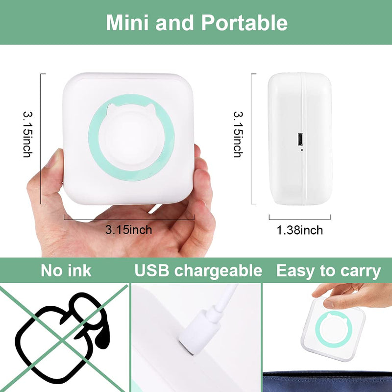 [Australia - AusPower] - Mini Pocket Printer, Globalstore Wireless Inkless Pocket Printer, Mini Label Printer with Thermal Paper/Self-Adhesive Thermal Paper Portable Thermal Photo Memo Note Printer for iOS/Android Smartphone Green 
