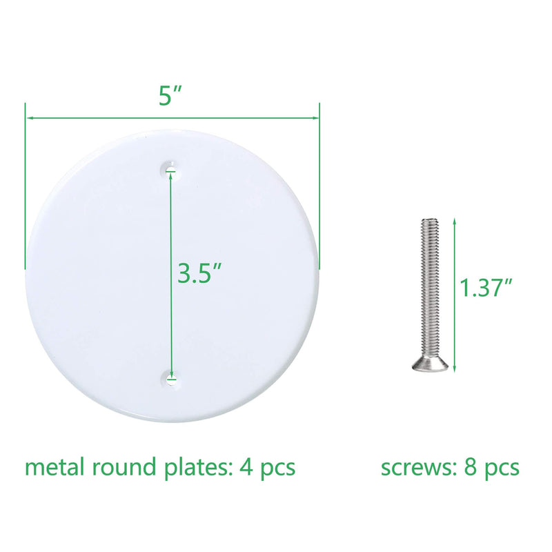 [Australia - AusPower] - Bueyfolt 5 Inch White Metal Ceiling Blank-Up Cover, Cover Plate for 4 Inch Round/Octagon Box Openings on Ceilings or Walls, Holes are Spaced 3.5 Inches, Mounting Screws Included (4 Pack) 5" (Holes Spaced:3.5") 