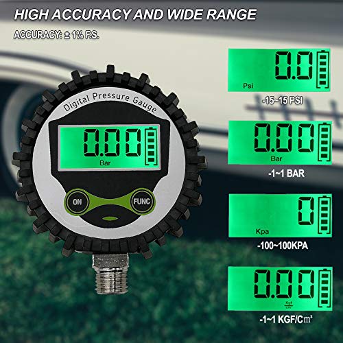 [Australia - AusPower] - Digital Low Pressure Gauge with 1/4'' NPT Bottom Connector and Rubber Protector by Uharbour, -15 — 15 psi, Accuracy 1% .F.S. (-15-15)PSI Bottom Mount 