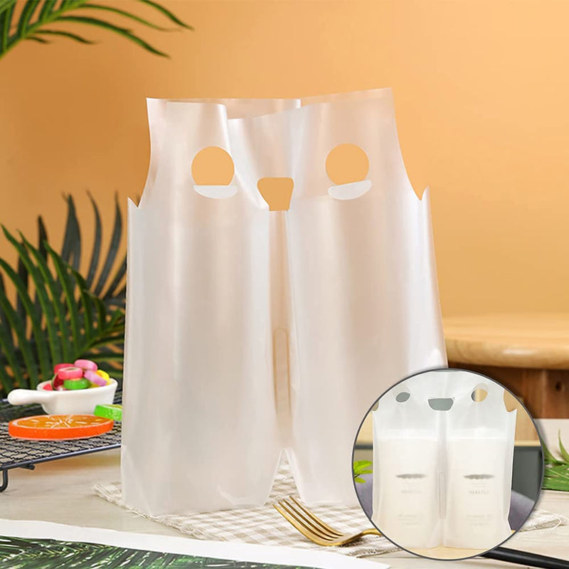 [Australia - AusPower] - Oruuum 100 Pcs Transparent Matte Drink Packing Bag With Handle, Disposable Double Cup Holder For Coffee Drink Milk Tea Soy Milk, Drink Cup Carrier Used for Restaurant Bar Beverage Shop 