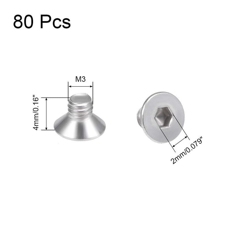 [Australia - AusPower] - uxcell M3x4mm Flat Head Machine Screws Inner Hex Screw 304 Stainless Steel Fasteners Bolts 80Pcs 