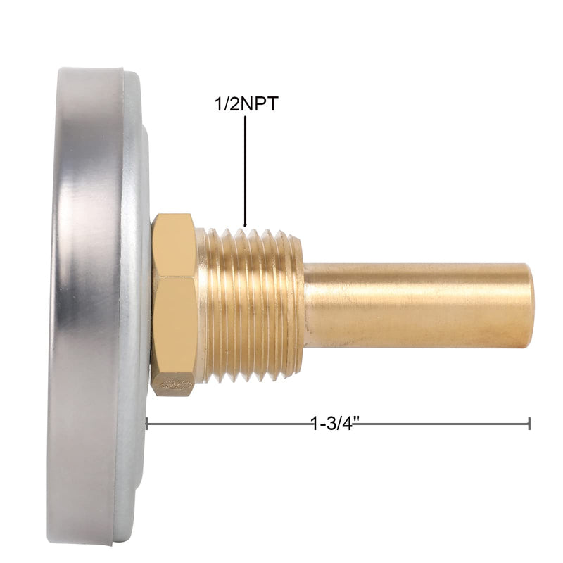 [Australia - AusPower] - Uharbour 2-1/2" Dial Water Thermometer, Bi-Metal Temperature Gauge with 1-3/4" Lead-Free Brass Stem and 1/2" NPT Back Mount, Accuracy 2% Range 0-250°F / -20-120 °C 