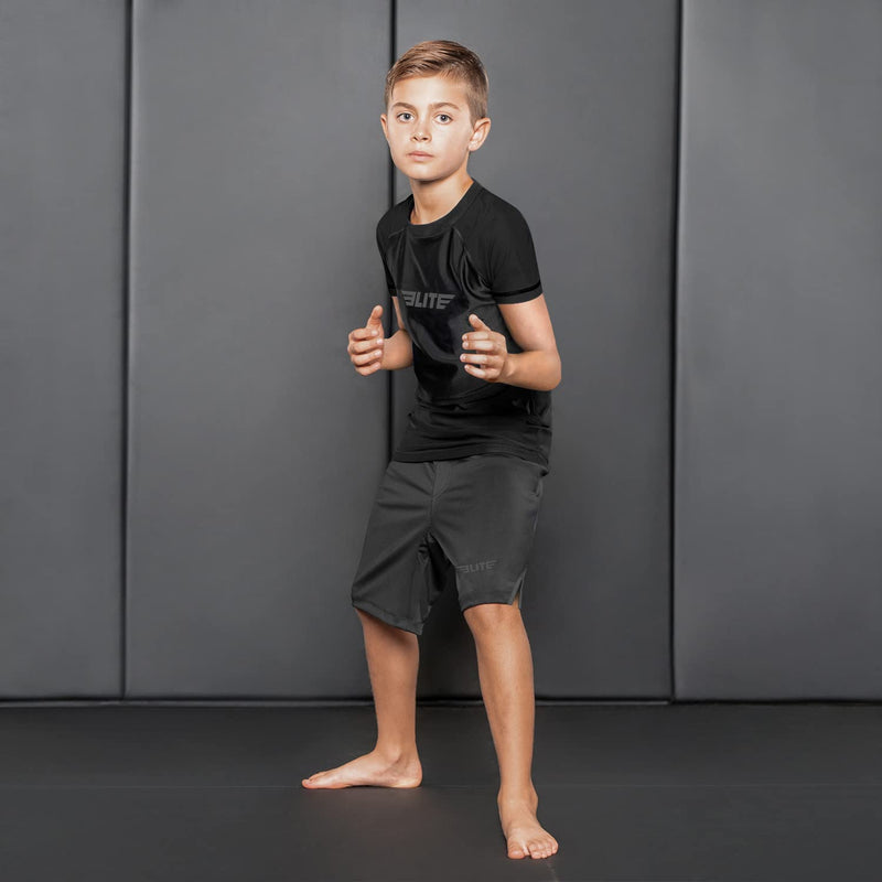 [Australia - AusPower] - Elite Sports Rash Guards for Boys and Girls, Short Sleeve Compression BJJ Kids and Youth Rash Guard Black Small 