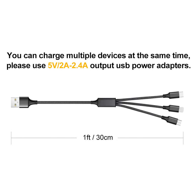 [Australia - AusPower] - Multi Charging Cable, 2Pack Multi Charger Cable Short 1FT Braided Universal 3 in 1 Multiple USB Cable Charging Cord with Type-C, Micro USB Port Connectors for Cell Phone, Tablets 