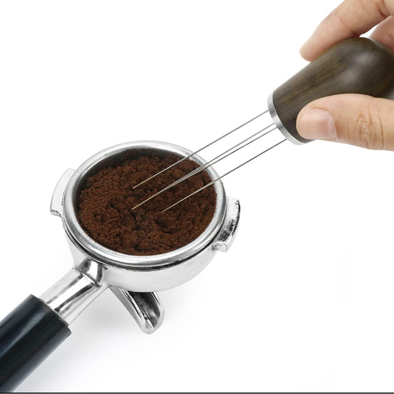 [Australia - AusPower] - Espresso Coffee Stirrer Hand Distribution Tool Wood Handle Stainless Steel 4 Needles Coffee Distributor Powder Stirring Tool Base Stand Stoarge Bag Included (Brown Sandalwood) Brown Sandalwood 