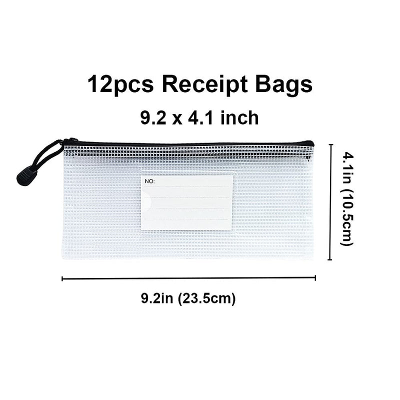 [Australia - AusPower] - AUSTARK 12Pcs Zippered File Bags, Plastic Mesh Zipper Pouch with Label Pocket, Waterproof Documents Receipts Pencil Storage Bags for Office School Home Travel (Receipt Size 9.2x4.1in) Receipt Size 9.2x4.1in 