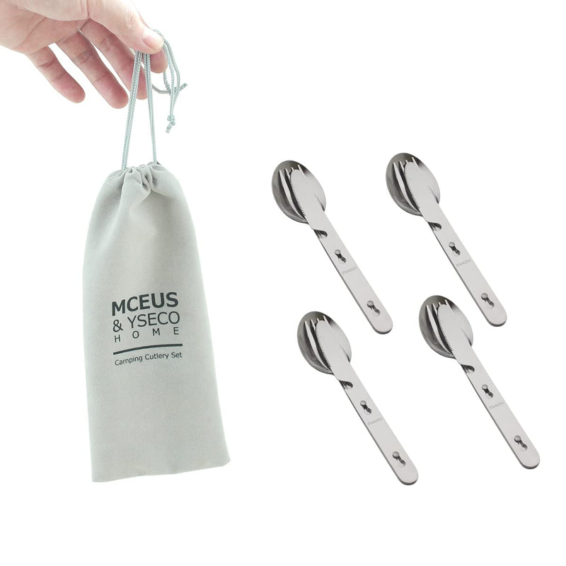 [Australia - AusPower] - 4-in-1 Camping Utensils Hiking Cutlery Set for 4, Portable Stainless Steel Flatware Spoon Fork, Knife & Bottle Opener Combo pack for Picnic Travel/Barbecue/Backpack Outdoor Gear with Carrying Bag 