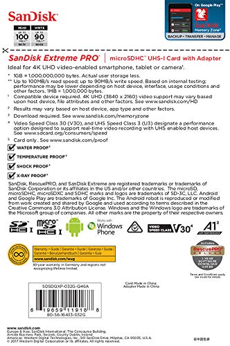 [Australia - AusPower] - SanDisk Extreme PRO microSDHC Memory Card Plus SD Adapter up to 100 MB/s, Class 10, U3, V30, A1 - 32GB SDSQXCG-032G 