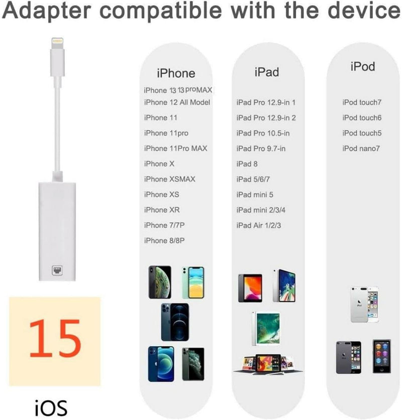 [Australia - AusPower] - [Apple MFi Certified] Lightning to Ethernet Adapter,RJ45 Ethernet LAN Network Adapter Cable with 8 Pin Connector Compatible with iPhone 13/12/11/XS/XR/X/8/7/iPad/iPod, Plug and Play, Supports 100Mbps 