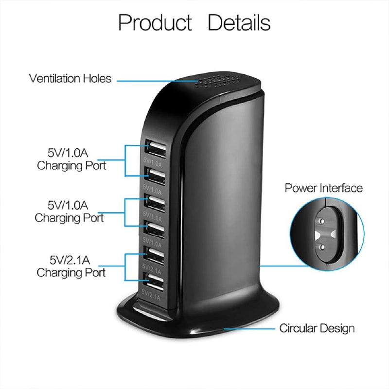 [Australia - AusPower] - 6-Port USB Desktop Charging Station, Wall Charger, Fast Charging Station for Multiple Devices, Tower Power Adapter Travel Charger, for All Other USB Enabled Devices Black 