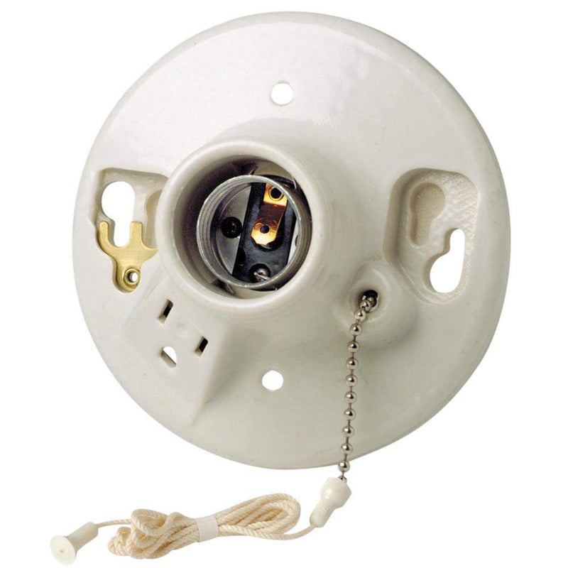 [Australia - AusPower] - Leviton 9726-C One-Piece Glazed Porcelain Outlet Box Mount, Incandescent Lampholder, Pull Chain, Top Wired, White 1 Pack 