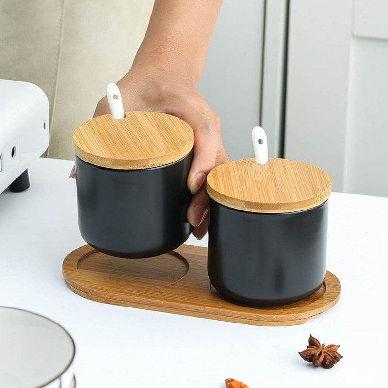 [Australia - AusPower] - RockTrend Simple Pure Color Ceramic Spice Jar Seasoning Box Condiment Pot Sugar Bowl with Bamboo Lid and Spoon Black 
