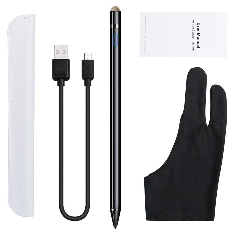 [Australia - AusPower] - Active Stylus Compatible with Apple iPad, Homagical Stylus Pen for Touch Screens, Rechargeable Capacitive 1.5mm Fine Point iPad Pen Tablets Stylus with Pen Bag/Anti-Friction Glove Black 