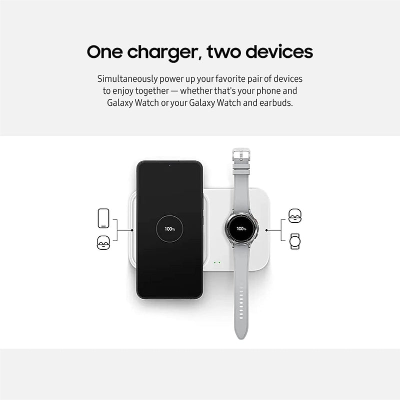 [Australia - AusPower] - Samsung Wireless Charger Fast Charge 15W - Duo Charging 2 Devices at Once, Cordless Charging Pad for Galaxy Phones and Devices, USB C Cable and Travel Charger Included - White 