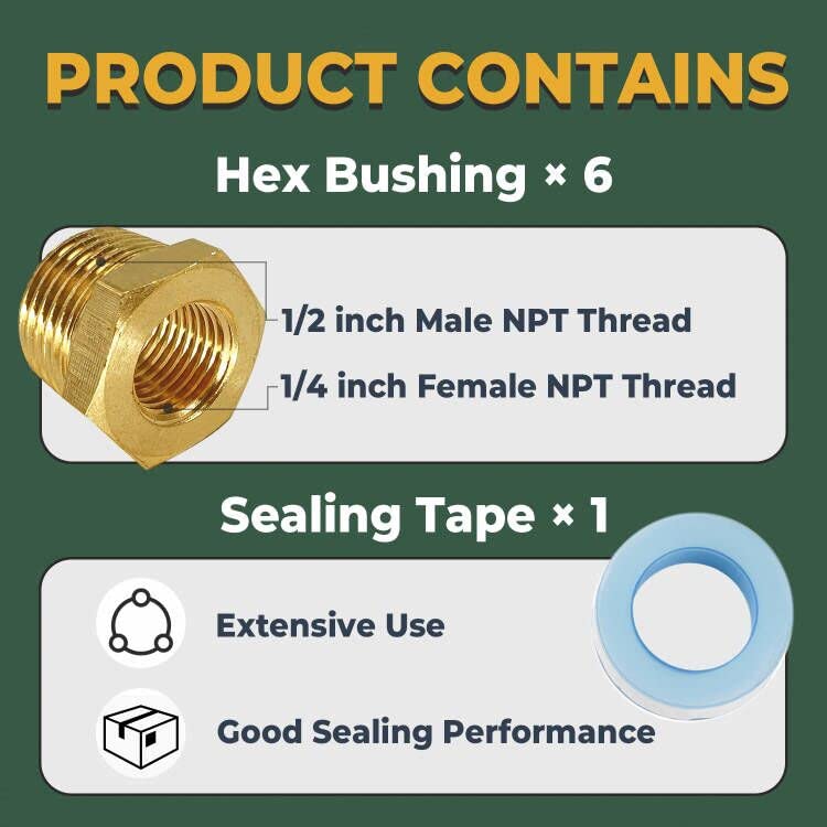 [Australia - AusPower] - LIONMAX Brass Pipe Fittings 6 PCS, 1/2 Inch NPT Male X 1/4 Inch NPT Female, Hex Bushing Reducer Threaded Adapter, with Sealing Tape 