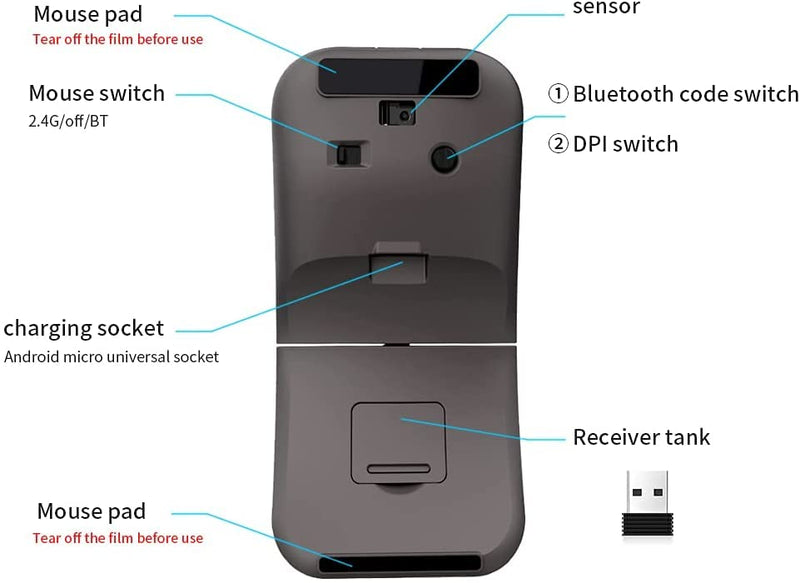 [Australia - AusPower] - WFB Bluetooth Wireless Mouse Foldable Arc 180° Rotating Silent Click Portable Curved Mouse for Home, Office, Travel(Black) 