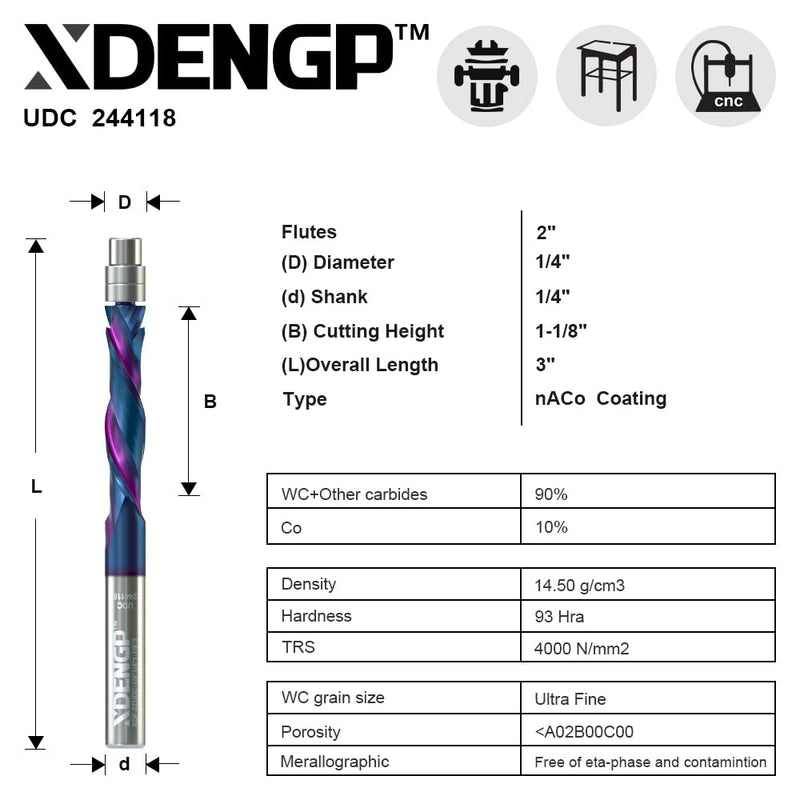 [Australia - AusPower] - XDENGP Compression Spiral Flush Trim Router Bit, 1/4" Shank 1/4" Cutting Diameter 1-1/8" Cutting Length, Up&Down Cut CNC Router Bits with NACO Coated Carbide End Mill for Wood Triming 1/4" Dia - 1-1/8" CL - 1/4" Shank Compression Cut 