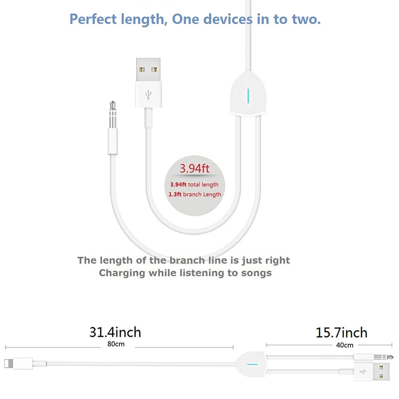 [Australia - AusPower] - [Upgraded ] 2 in 1 Audio Charging Cable Compatible with iPhone/iPad, Charge and Play Music Simultaneously Support to Car Stereo/Speakers/Headphone with 3.5mm Audio Jack, 3.94Ft (White) 