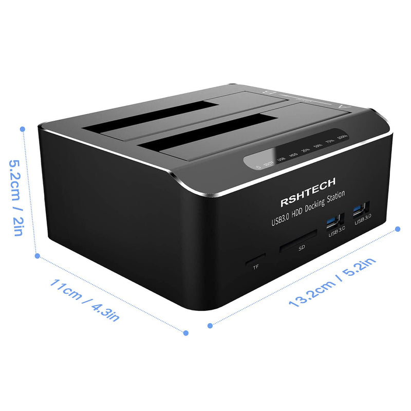 [Australia - AusPower] - Hard Drive Docking Station RSHTECH USB 3.0 Aluminum Dual Bay Hard Drive Dock for 2.5" & 3.5" SATA HDD SSD with SD TF Card Reader and Offline Clone/Duplicator Function Support 16TB Tool-Free 