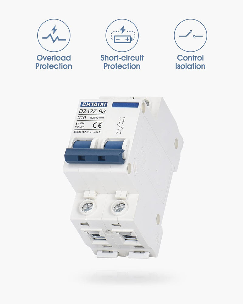[Australia - AusPower] - DC Miniature Circuit Breaker, 2 Pole 1000V 10 Amp Isolator for Solar PV System, Thermal Magnetic Trip, DIN Rail Mount, Chtaixi DC Disconnect Switch C10 10A 