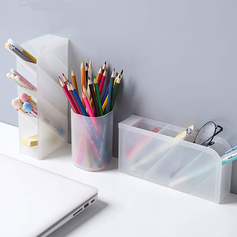 [Australia - AusPower] - 5 Pcs Desk Organizer- Pen Organizer Storage for Office, School, Home Supplies, Translucent White Pen Storage Holder, Set of 3, 2 Cups 14 Compartments (White) 