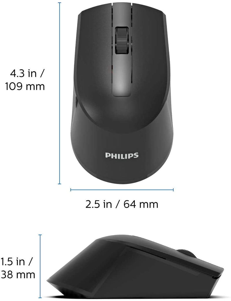 [Australia - AusPower] - PHILIPS Wireless Mouse 3-Button Ergonomic Optical Mouse 1600 DPI with Nano Receiver for Windows, Computer, Laptop, MacOS, Xbox One, PS4 & More — USB Plug and Play 