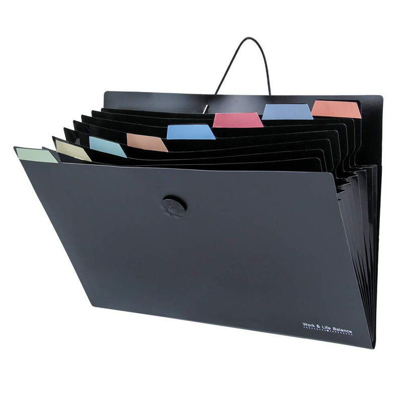[Australia - AusPower] - Uquelic 8 Pockets Expanding File Folder - Plastic Black Accordion Document Storage Organiser A4 Letter Size Expandable File Jacket Filing Wallets with Label (Black) 