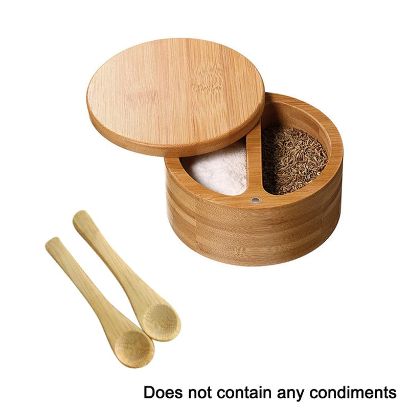 [Australia - AusPower] - Bamboo Seasonings Containers, Salt Box with Spoon, Kitchen Salt Cellar, Salt And Pepper Bowls Storage Container with Swivel Magnetic Lid (Brown) Brown 