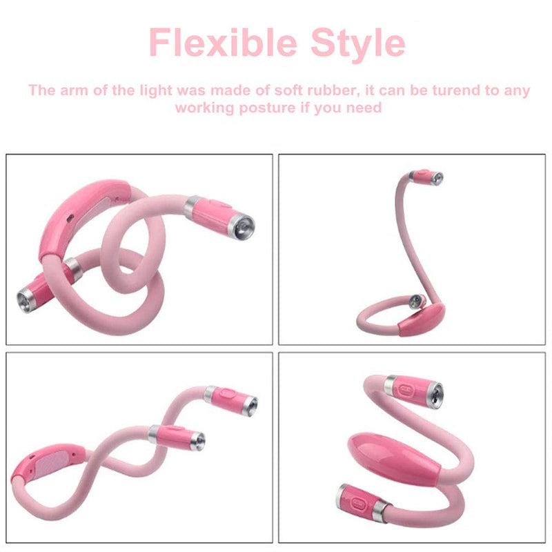 [Australia - AusPower] - Rechargeable 4 LED Neck Reading Light, Book Lights for Reading in Bed, 3 Brightness Levels, 2 Flexible Soft Silicone Arms Comfortable Wear, Long Lasting. Perfect for Bookworms, Craft & Knitting (Pink) Pink 