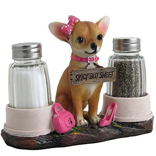 [Australia - AusPower] - Pretty in Pink Girl Chihuahua Glass Salt and Pepper Shaker Set with Holder Figurine in Dog Statues & Sculptures and Decorative Southwestern Kitchen Decor Gifts 