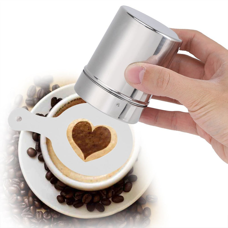 [Australia - AusPower] - Stainless Steel Chocolate Shaker Icing Sugar Powder Cocoa Flour Coffee Sifter Dredge Duster Seasoning Cooking Tools Fine Mesh with 16pcs Coffee Stencils Cappuccino Latte Art(Coffee Shaker) Coffee Shaker 
