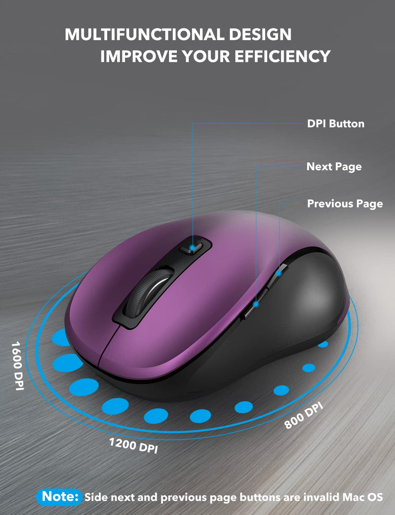 [Australia - AusPower] - Wireless Mouse for Laptop, Trueque 2.4GHz Ergonomic Computer Mouse with 3 Adjustable DPI Levels, Page Up & Down Buttons, USB Mouse for Chromebook, PC, Desktop, Notebook, MacBook (Purple) Purple 