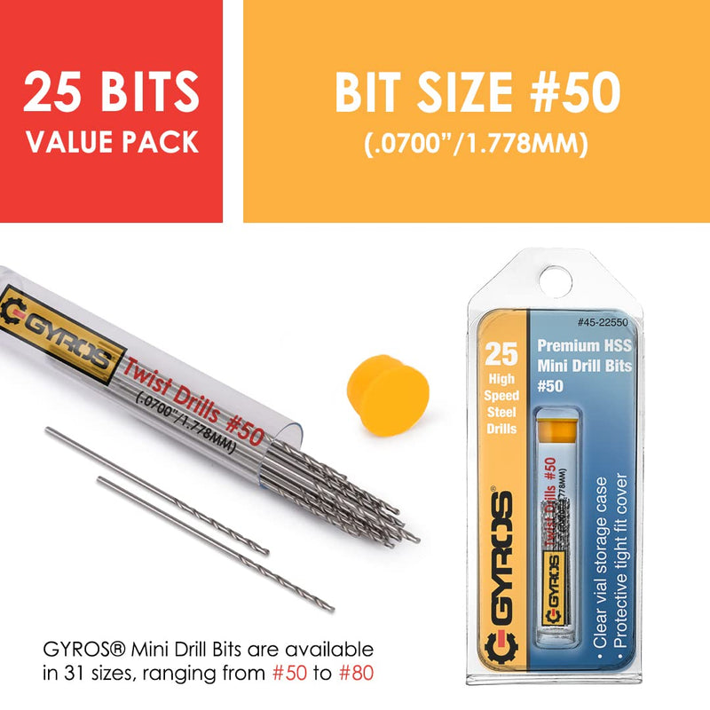 [Australia - AusPower] - Gyros High SpeedSteel Wire Gauge Mini Twist Drill Bits | Includes 12 Micro HS Steel Bits Size #50 with Clear Storage Vial | Use with Pin Vise, Screwdrivers, and Rotary Tools (45-21250) #50 (.0700”/1.778MM) 