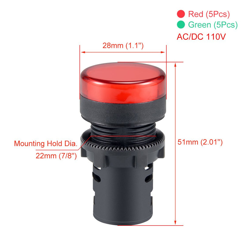 [Australia - AusPower] - uxcell 10Pcs Red Green Indicator Light AC/DC 110V, 22mm Panel Mount, for Electrical Control Panel, HVAC, DIY Projects 