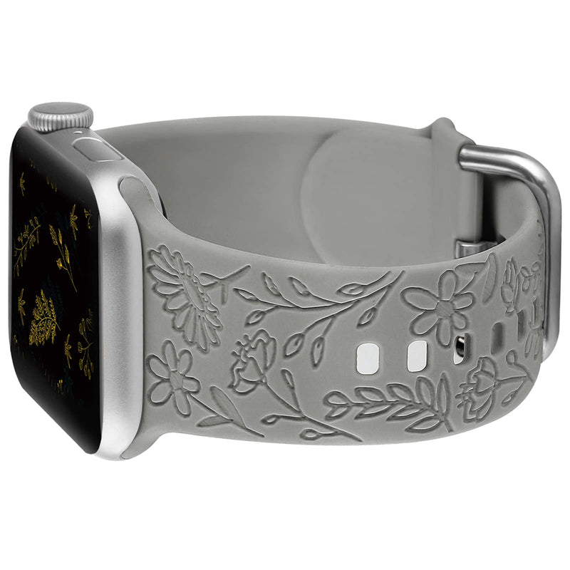 [Australia - AusPower] - Flower Engraved Strap Compatible with Apple Watch Bands 38mm 40mm 41mm, Women Flower Printed Laser Soft Silicone Sport Band Replacement Wristband for iWatch Series 7 6 5 4 3 2 1 SE 38/40/41mm Grey 