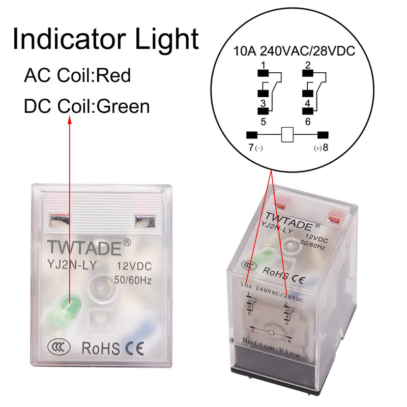 [Australia - AusPower] - TWTADE/DC 12V Electromagnetic Power Coil Relay 10A 8 Pins 2DPT 2NO 2NC with Indicator Light and Socket Base[Gift DIN Rail] -YJ2N-LY 8 PIN-10A DC 12V 
